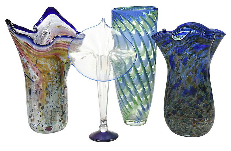 Appraisal: Four Art Glass Studio Vases late th century serpentine glass