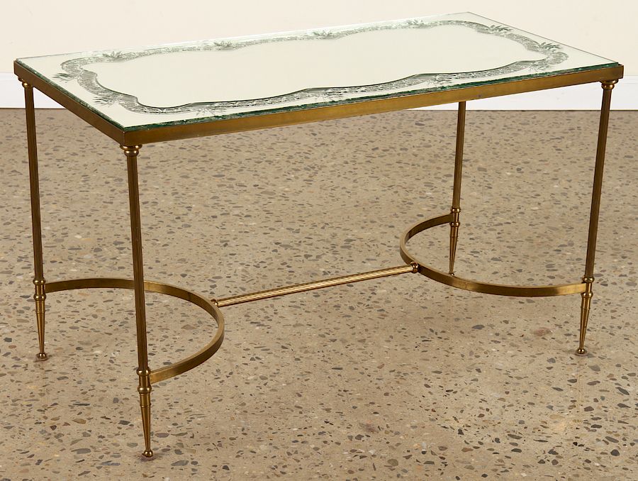 Appraisal: BRONZE COFFEE TABLE WITH ETCHED GLASS TOP C A bronze