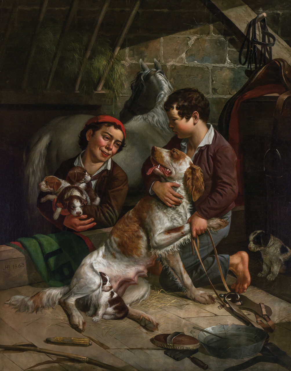 Appraisal: JAMES HENRY BEARD American - Dog and Her Puppies oil