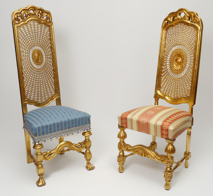 Appraisal: TWO CARVED GILT WOOD CANED BACK CHAIRS His Hers similar