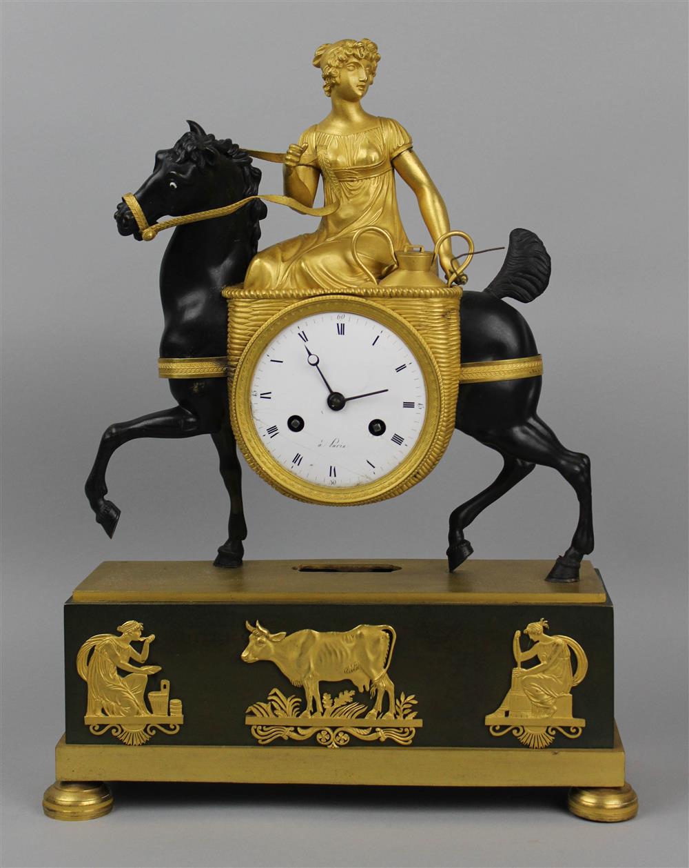 Appraisal: EMPIRE ORMOLU AND PATINATED BRONZE THE DAIRY MAID MANTEL CLOCK