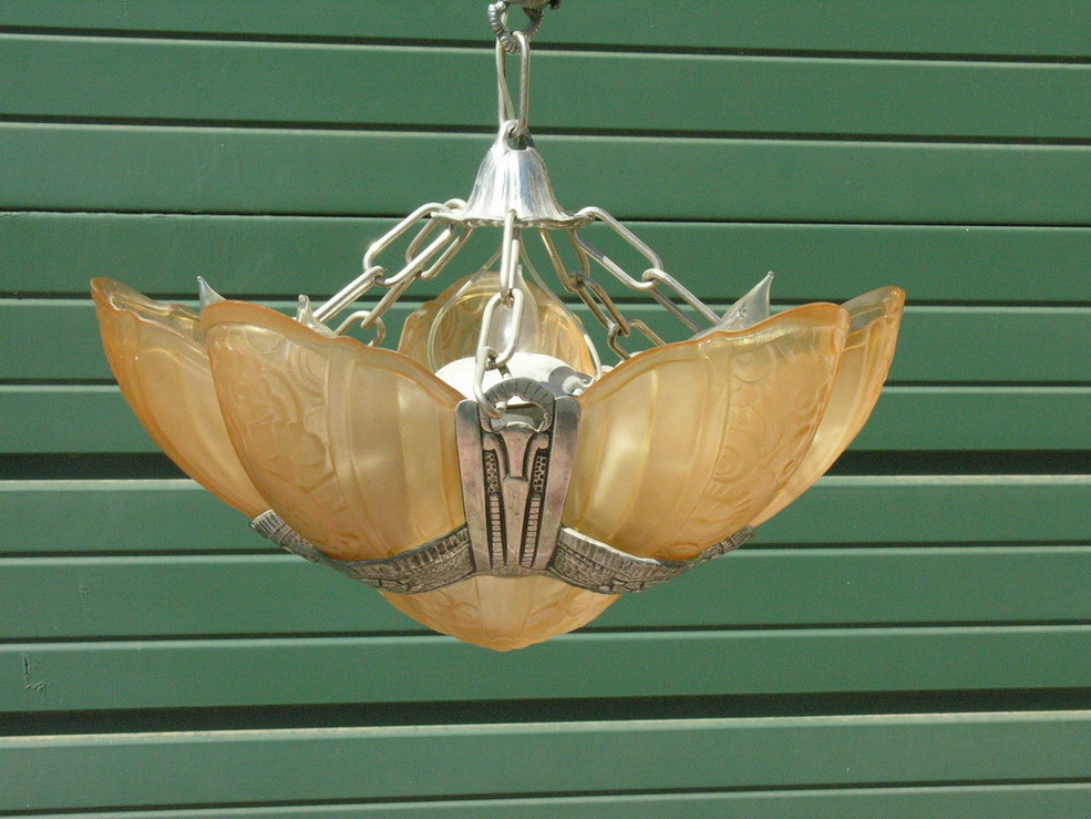 Appraisal: ART DECO CHANDELIER No Polished cast aluminum Circa 's shades