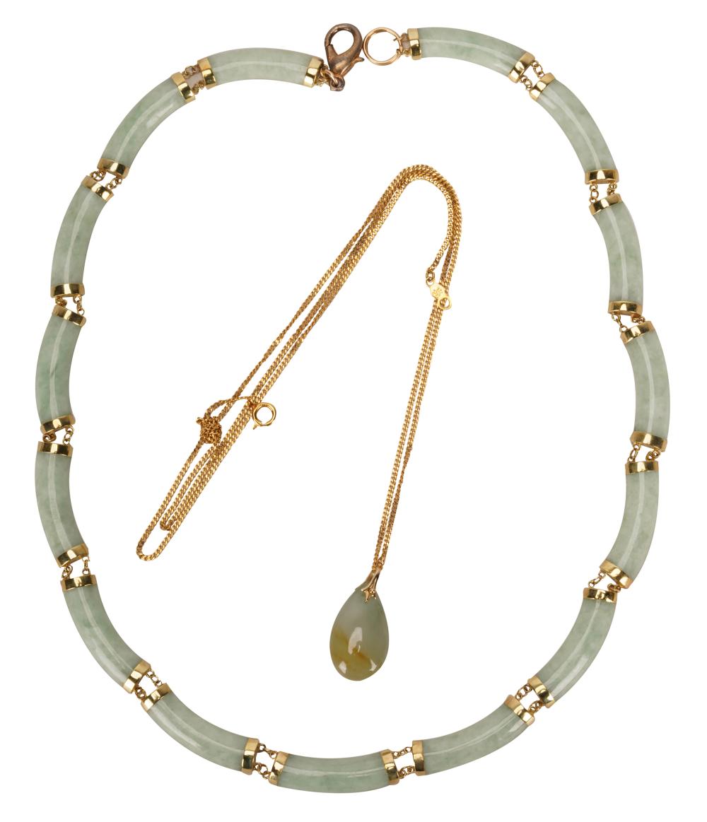 Appraisal: TWO KARAT YELLOW GOLD JADE NECKLACESone necklace containing rectangular cabochon