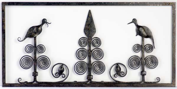 Appraisal: SAMUEL YELLIN Three wrought-iron transom panels two with birds and