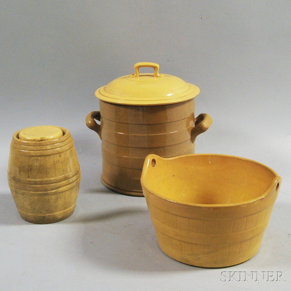 Appraisal: Three Molded Yellowware Items th th century a barrel-form tobacco