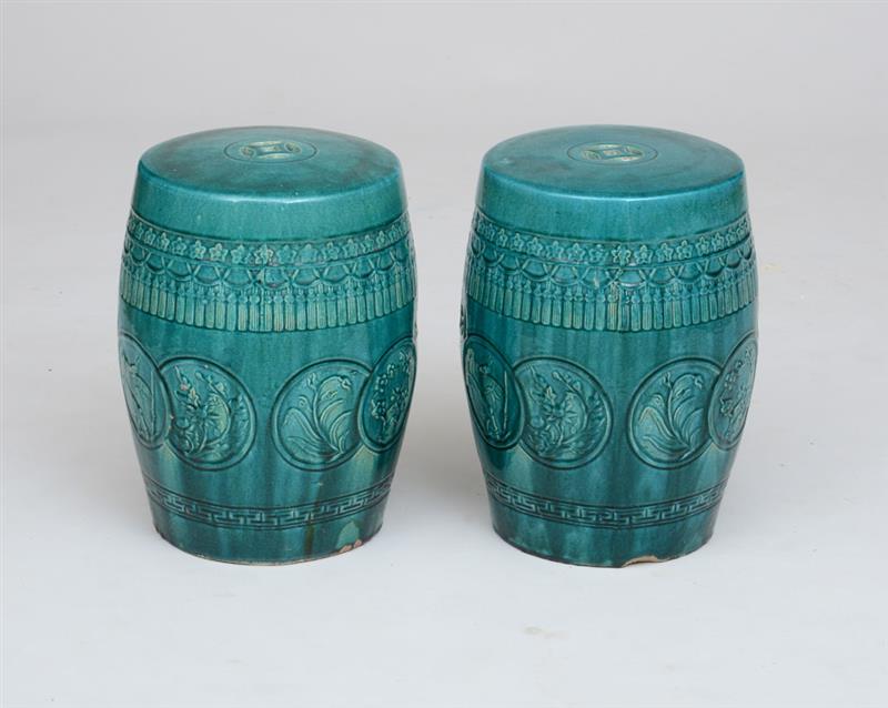 Appraisal: PAIR OF CHINESE TEAL GREEN GLAZED POTTERY BARREL-FORM GARDEN SEATS