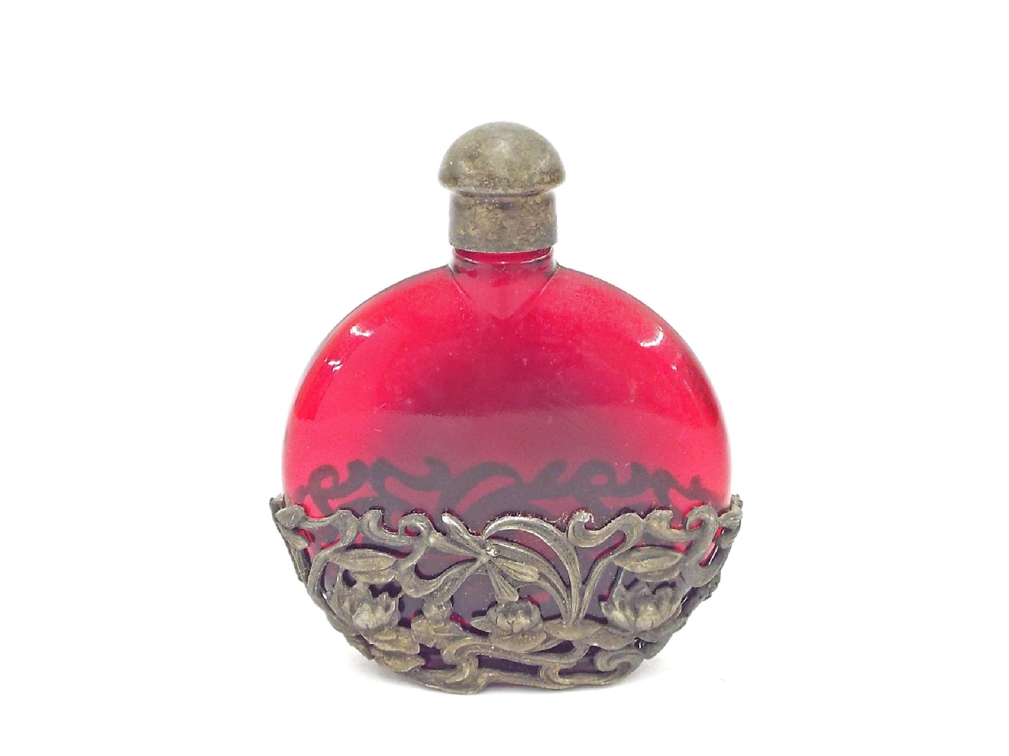 Appraisal: Attractive cranberry glass and white metal scent bottle the sleeve