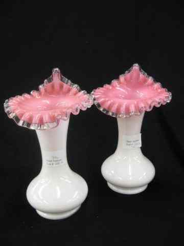 Appraisal: Pair of Fenton Art Glass Vases light cranberryinterior with white