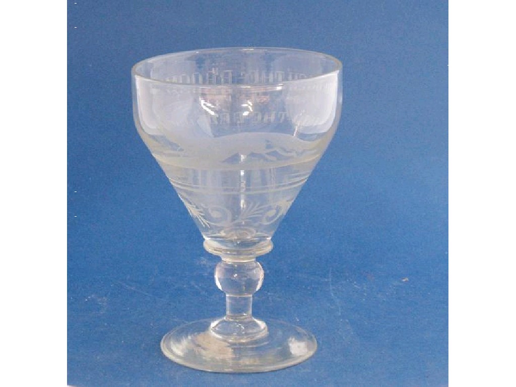 Appraisal: A VICTORIAN ALE GLASS with tapering bowl engraved with a