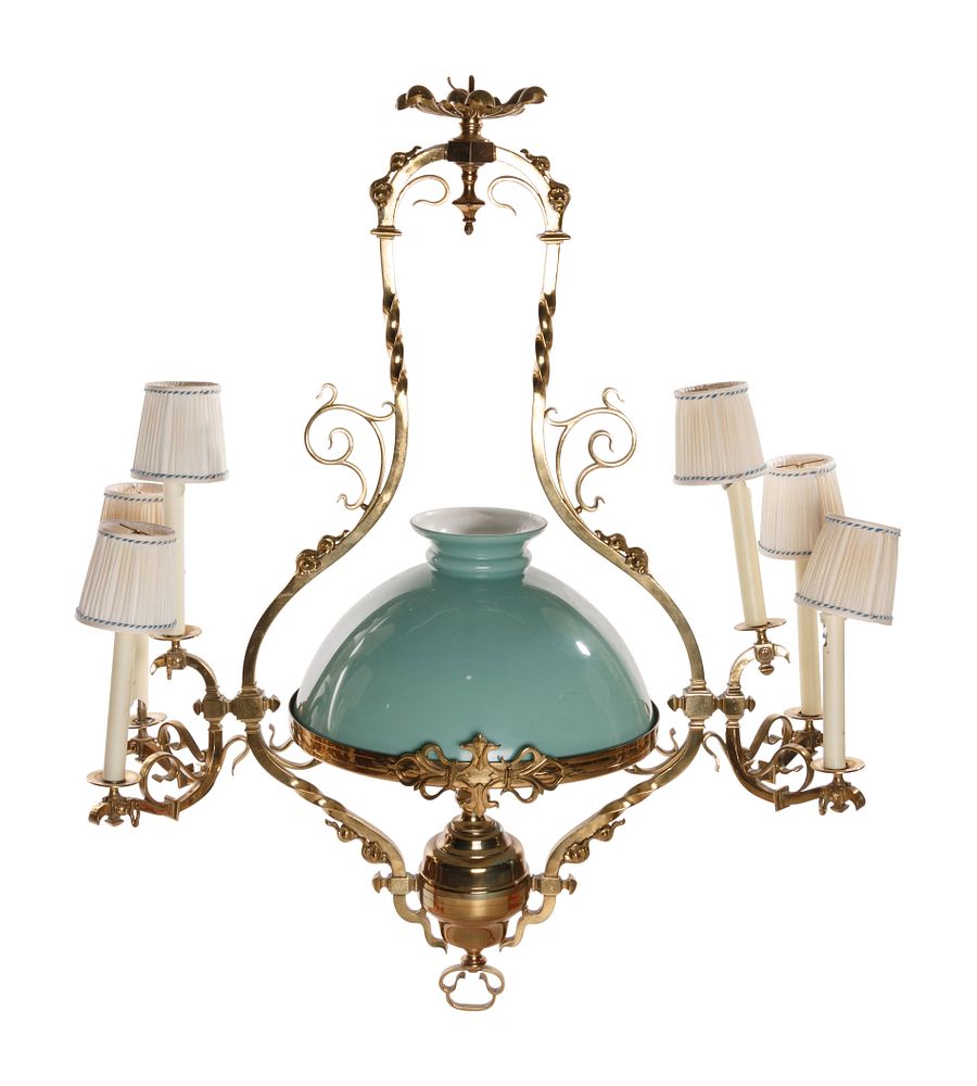 Appraisal: A Victorian Colored Glass Mounted Gilt-Bronze Five-Light Ceiling Fixture A