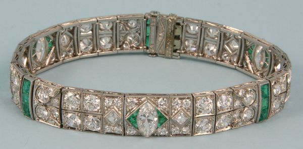 Appraisal: Art Deco flexible platinum diamond and emerald bracelet having six