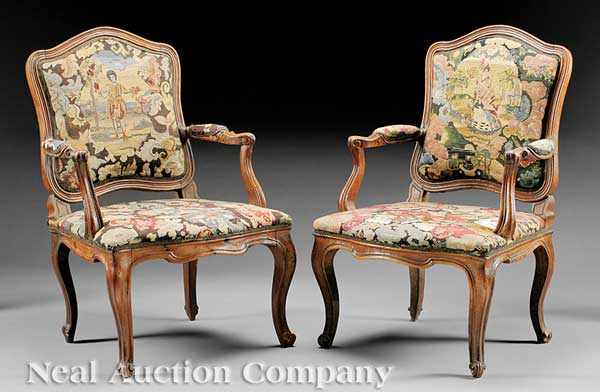 Appraisal: A Good Pair of Louis XV Carved Walnut and Needlepoint