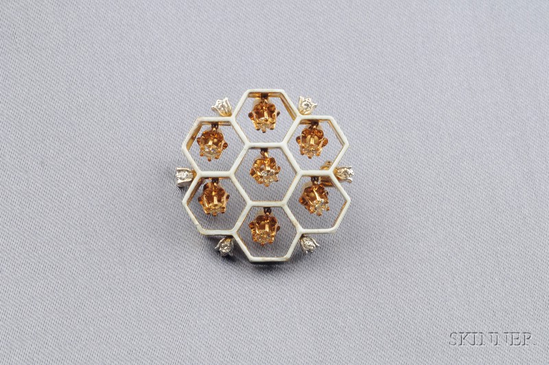 Appraisal: Antique kt Gold Enamel and Diamond Honeycomb Brooch flexibly set