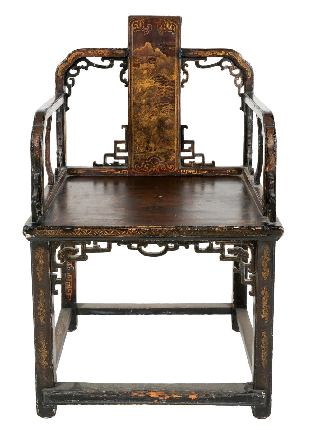 Appraisal: CHINESE CARVED LACQUERED ARMCHAIRthe back splat and seat decorated with