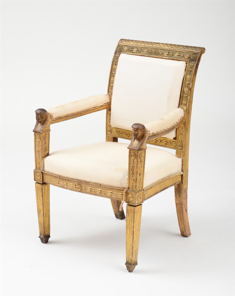 Appraisal: ITALIAN GILTWOOD ARMCHAIR IN THE FRENCH EMPIRE TASTE The outscrolled