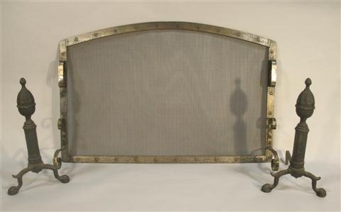 Appraisal: FIRE SCREEN AND PAIR OF ANDIRONS h w d in