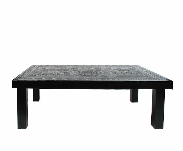 Appraisal: A tooled black leather coffee table height in length ft