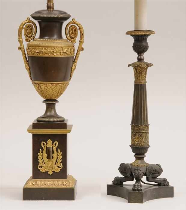 Appraisal: TWO EMPIRE-STYLE BRONZE AND GILT-METAL TABLE LAMPS The one a