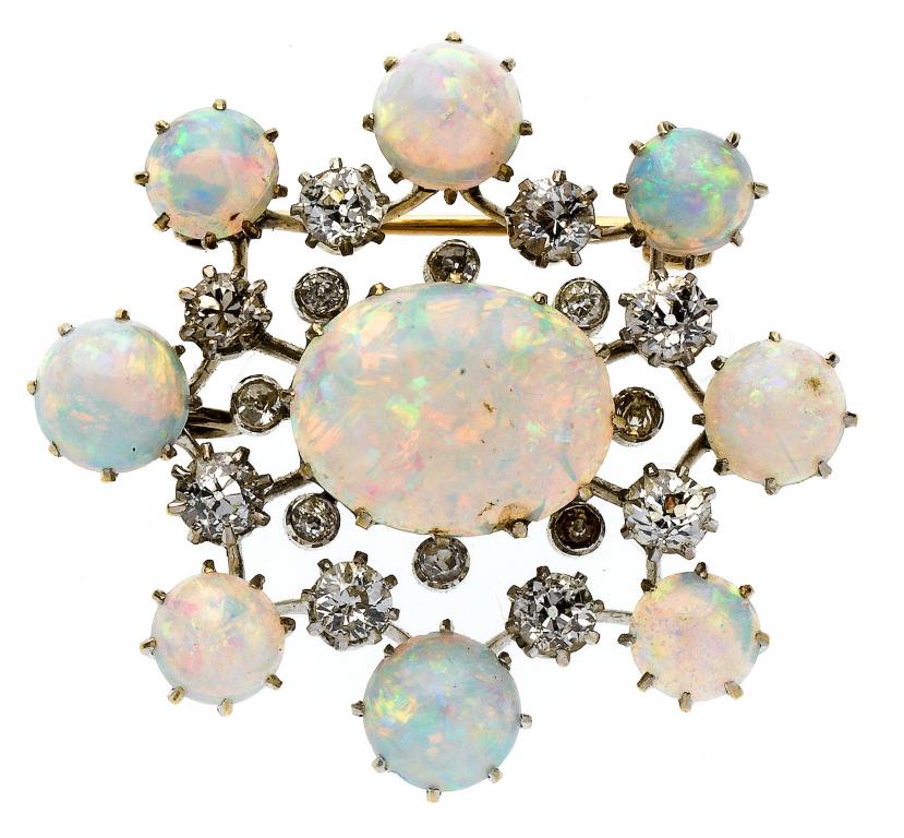 Appraisal: AN OPAL AND DIAMOND BROOCH the larger opal cabochon in