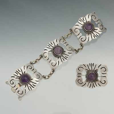 Appraisal: A Mexican Silver and Amethyst Bracelet and Brooch Silver bracelet