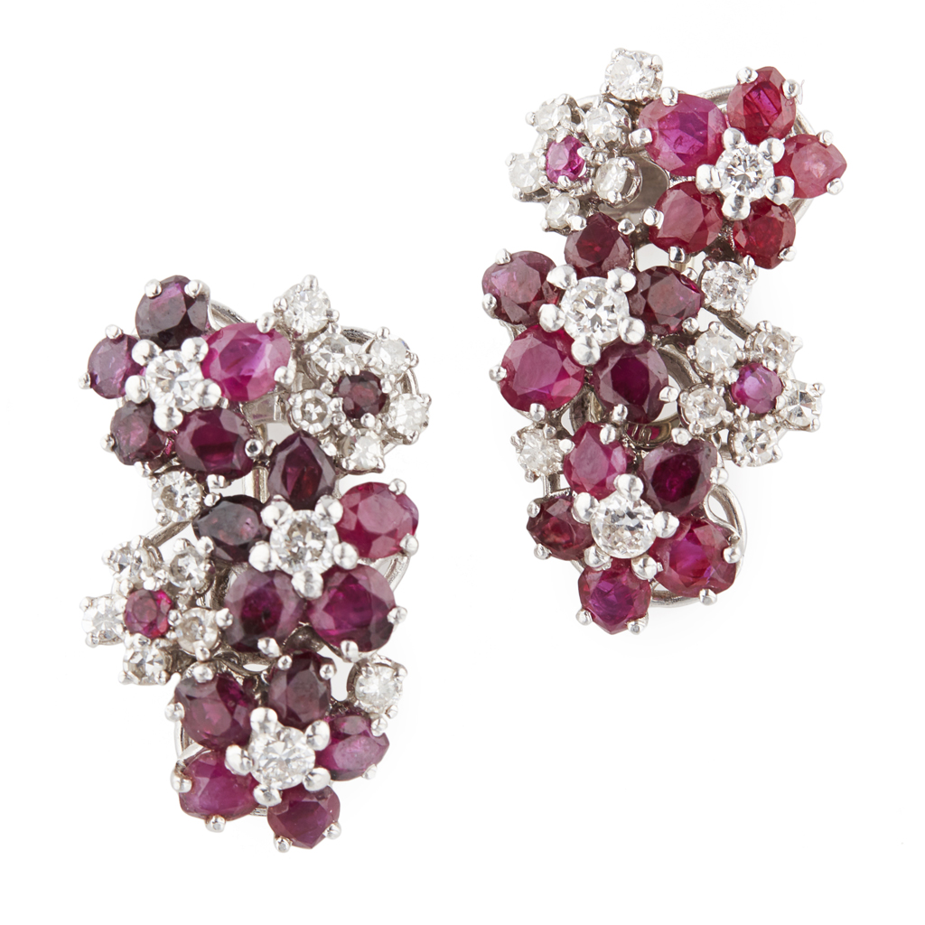 Appraisal: A pair of ruby and diamond earrings each composed of