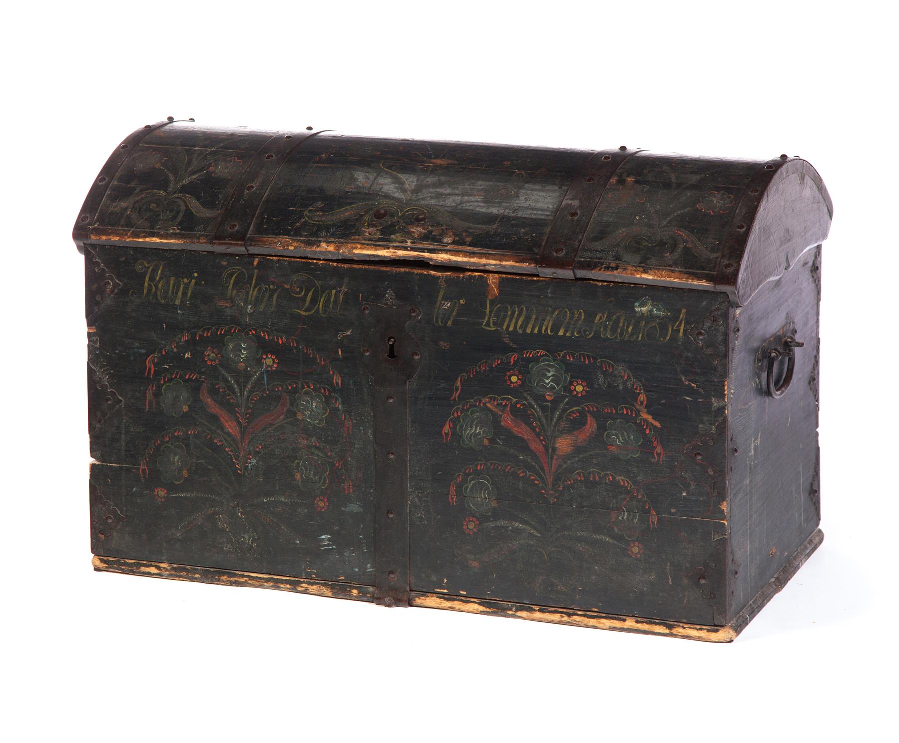 Appraisal: NORWEGIAN IMMIGRANT'S TRUNK Original paint with date and Kari Peter's