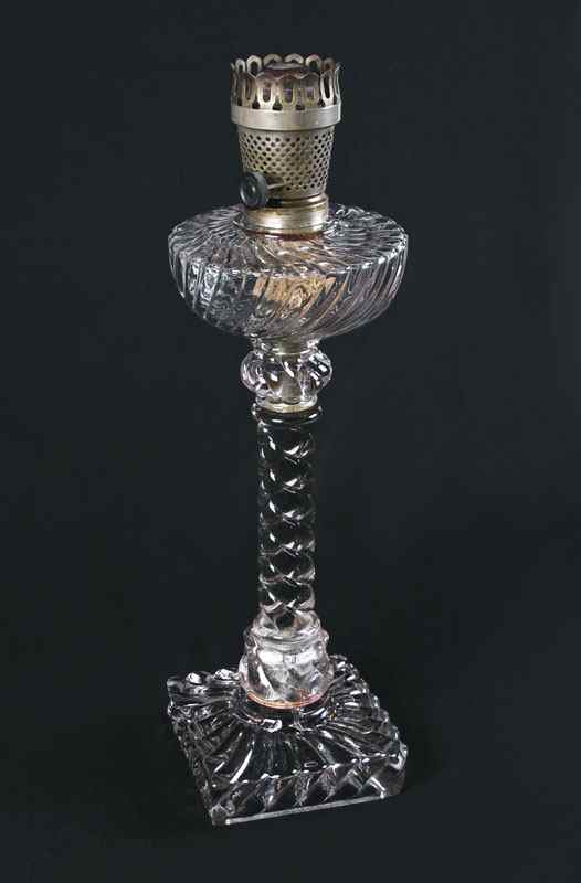 Appraisal: BACCARAT TYPE CRYSTAL SPIRAL COLUMN BANQUET OIL LAMP Possibly Baccarat