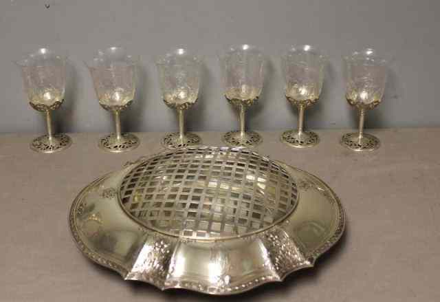 Appraisal: STERLING Lot Includes a Grogan Flower Arranger Engraved Wine Glasses