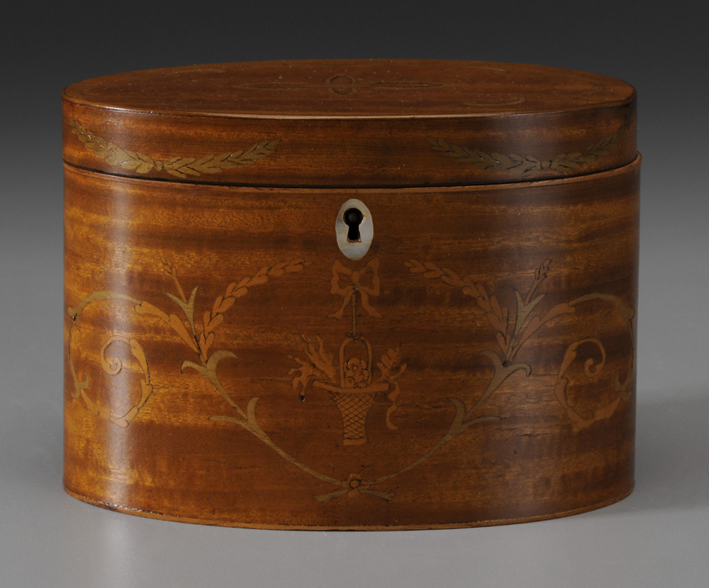 Appraisal: Inlaid Oval Tea Box British th century satinwood with fitted