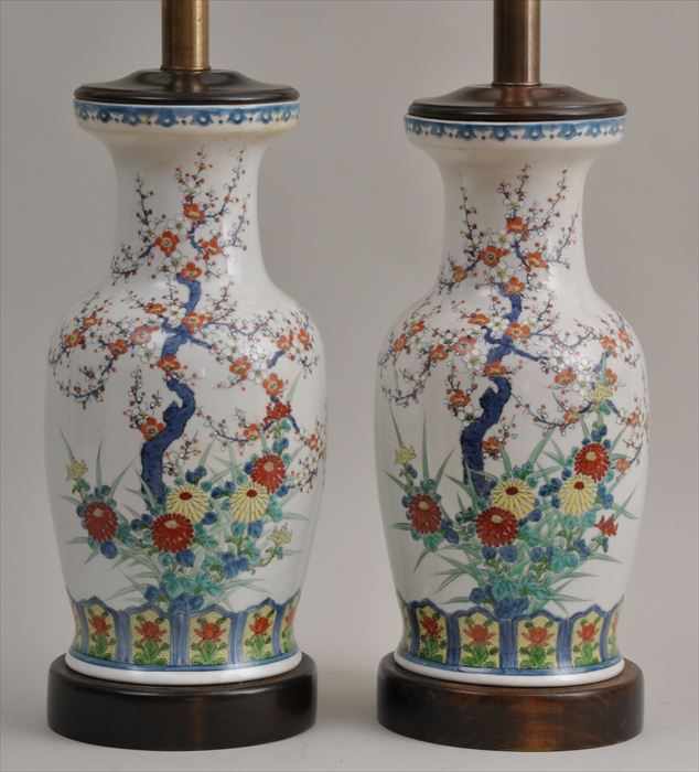 Appraisal: PAIR OF JAPANESE PORCELAIN KAKIEMON DESIGN BALUSTER-FORM VASES MOUNTED AS