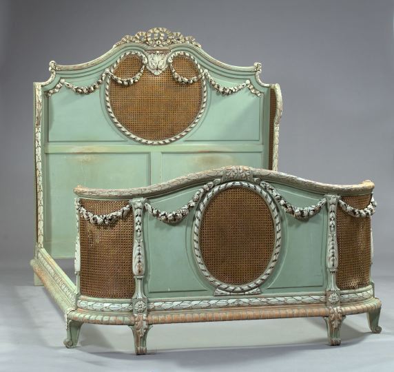 Appraisal: Fine Louis XVI-Inspired Polychromed and Caned Bedstead late th century