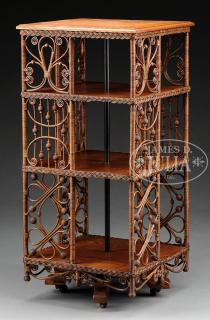 Appraisal: OAK AND WICKER VICTORIAN REVOLVING BOOKCASE The square -tiered bookcase