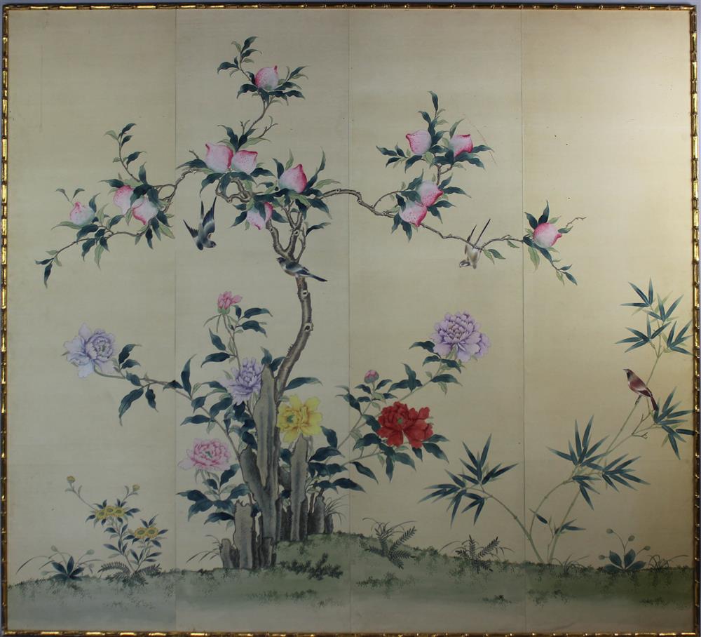 Appraisal: CHINOISERIE FRAMED WALLPAPER PANEL formed of a partial roll depicting