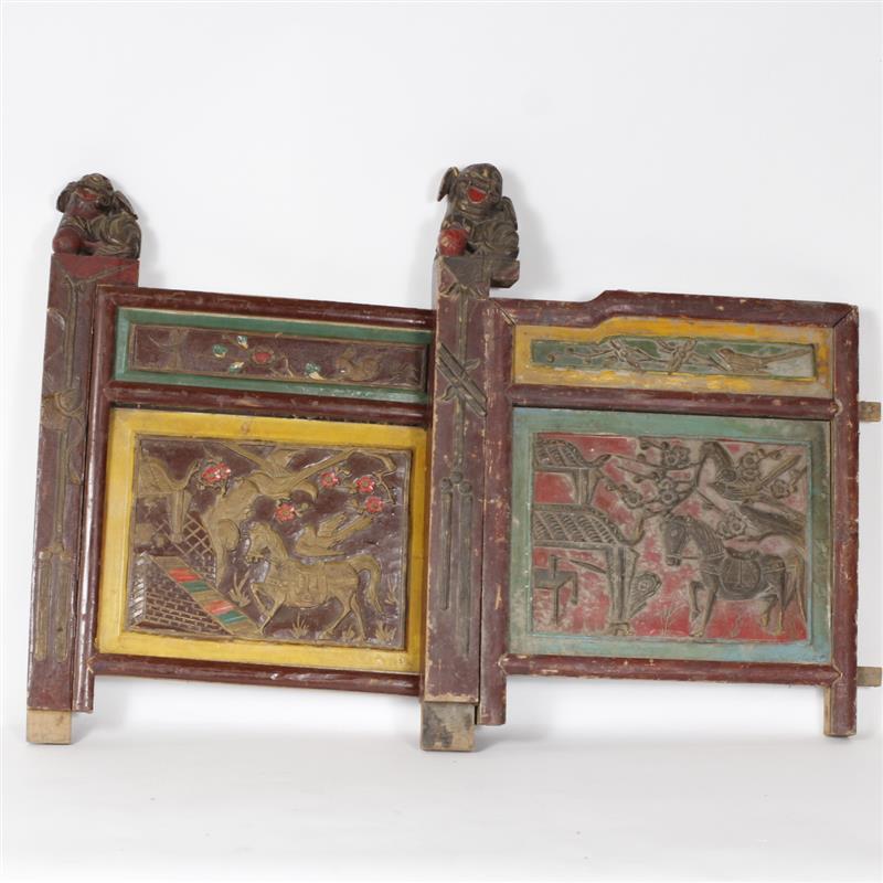 Appraisal: Pair of Chinese ornamental architectural polychrome carved wood panels Openwork