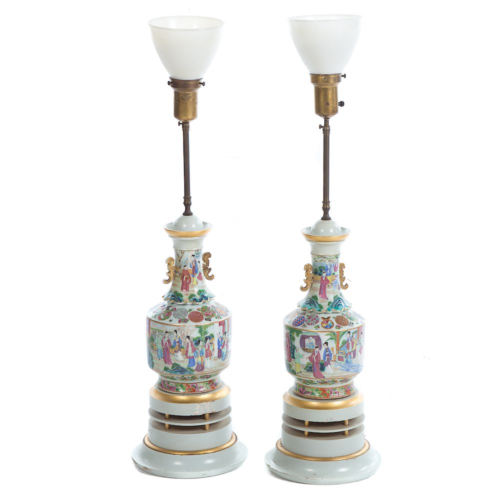 Appraisal: Pair Chinese Export Rose Mandarin Vase Lamps circa highest quality