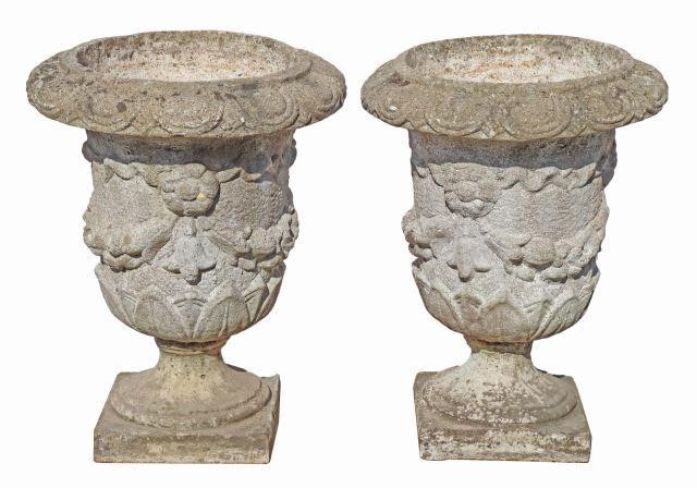 Appraisal: pair French cast stone campana-form garden urns having patterned rim