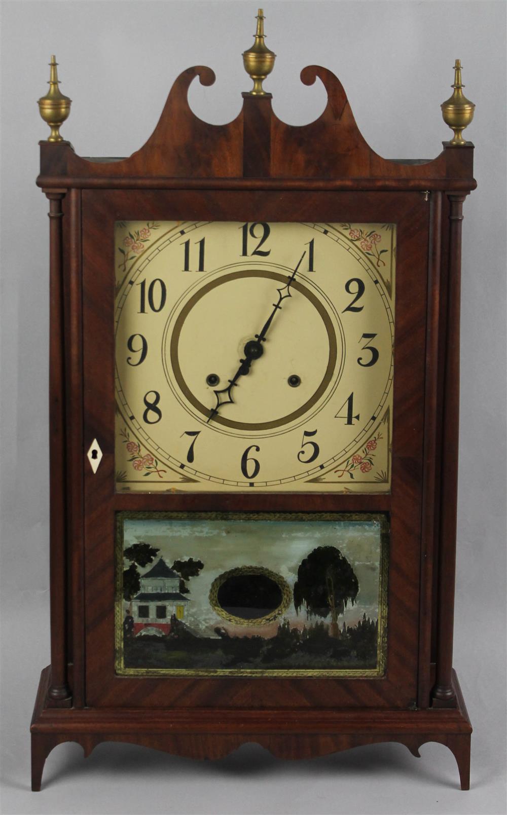 Appraisal: ELI TERRY MAHOGANY PILLAR AND SCROLL SHELF CLOCK the cornice