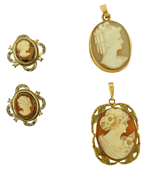 Appraisal: Cameo Earrings and Two Pendants Lot Cameo Earrings and Two