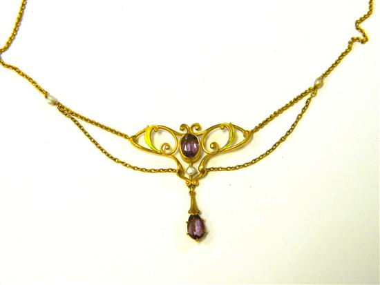 Appraisal: JEWELRY Art Nouveau enameled amethyst and seed pearl festoon necklace