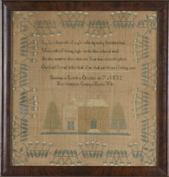 Appraisal: Northampton County PA Needlework Sampler in green brown and gold