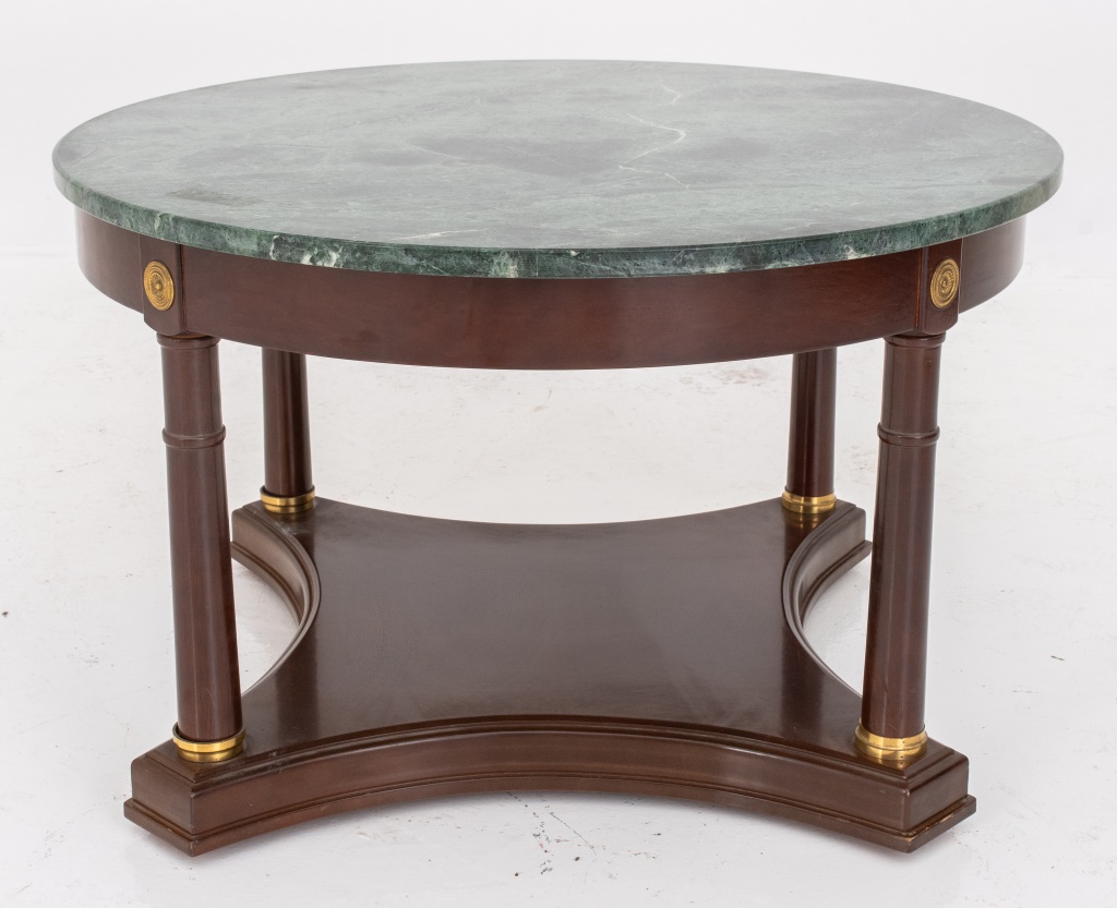 Appraisal: NEOCLASSICAL STYLE MARBLE-TOPPED COFFEE TABLE Neoclassical style circular green marble-topped