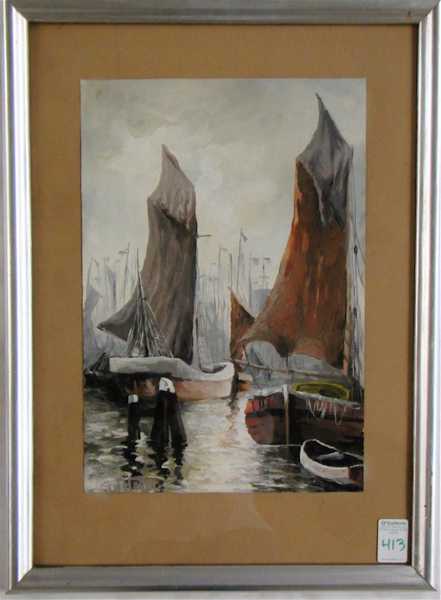 Appraisal: J W HOOD TEMPERA ON PAPER harbor scene with sailboats