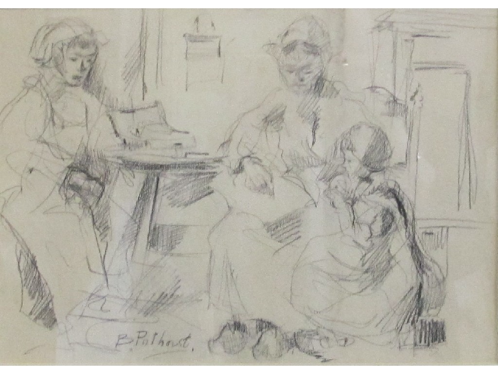 Appraisal: BERNARD POTHAST Black conte crayon drawing 'The Sewing Lesson' signed