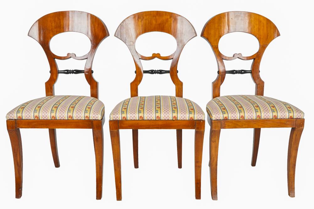 Appraisal: THREE BIEDERMEIER SIDE CHAIRSeach with removable cushion Condition some warping