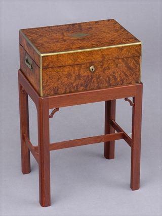 Appraisal: VICTORIAN BRASS-MOUNTED BURRWOOD DRESSING CHEST WITH SILVER-LIDDED GLASS FITMENTS The