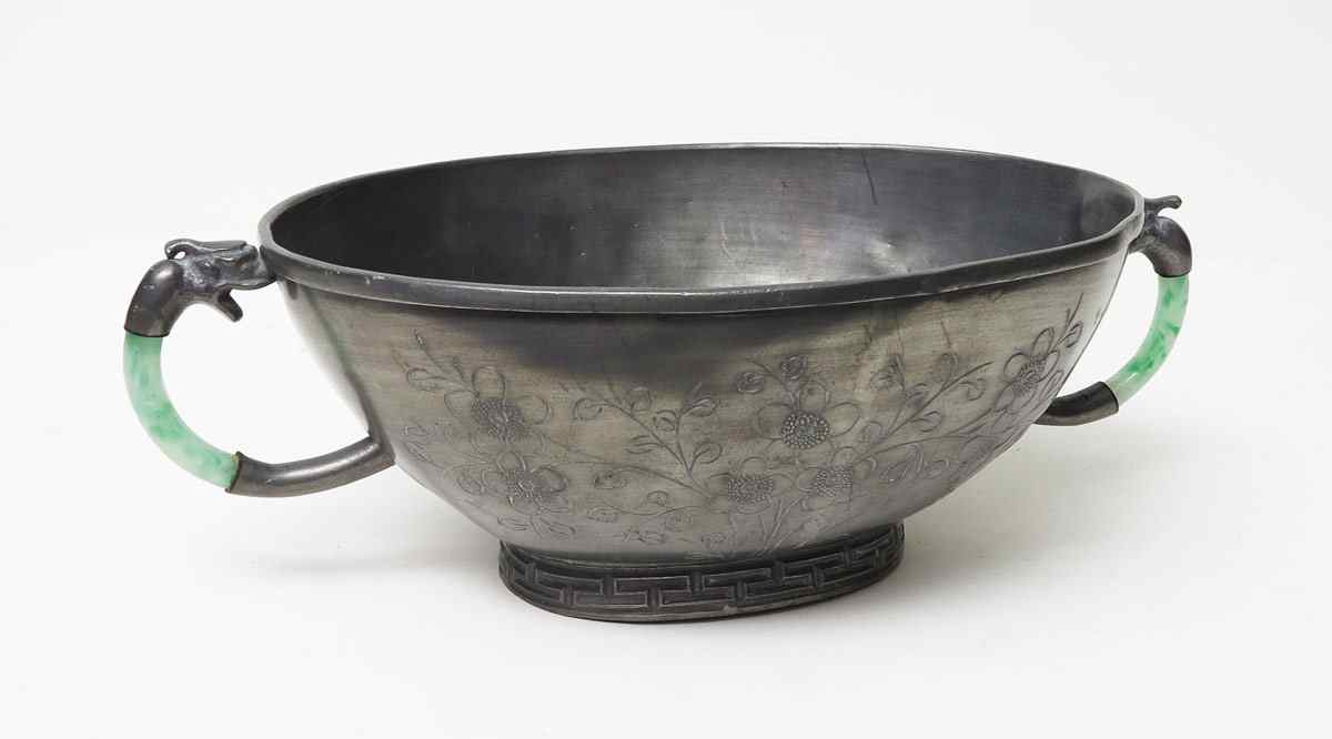 Appraisal: CHINESE PEWTER BOWL WITH JADE HANDLES Incised decoration jade and