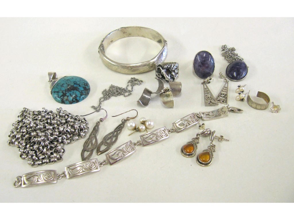 Appraisal: Lot of silver pieces to include engraved bangle guard chain