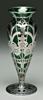 Appraisal: Green glass silver overlay vase baluster form with floral and