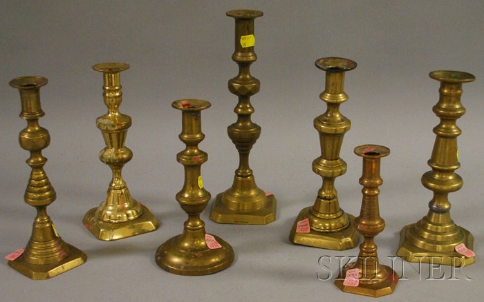 Appraisal: Seven Assorted Brass Candlesticks ht to in