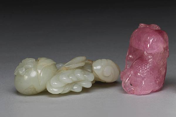 Appraisal: Two small jade and tourmaline carvings The first carved from